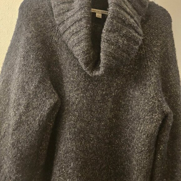 Carolyn Taylor Cozy Comfy charcoal grey wool blend cowl neck roll tab sweater L - Picture 1 of 9